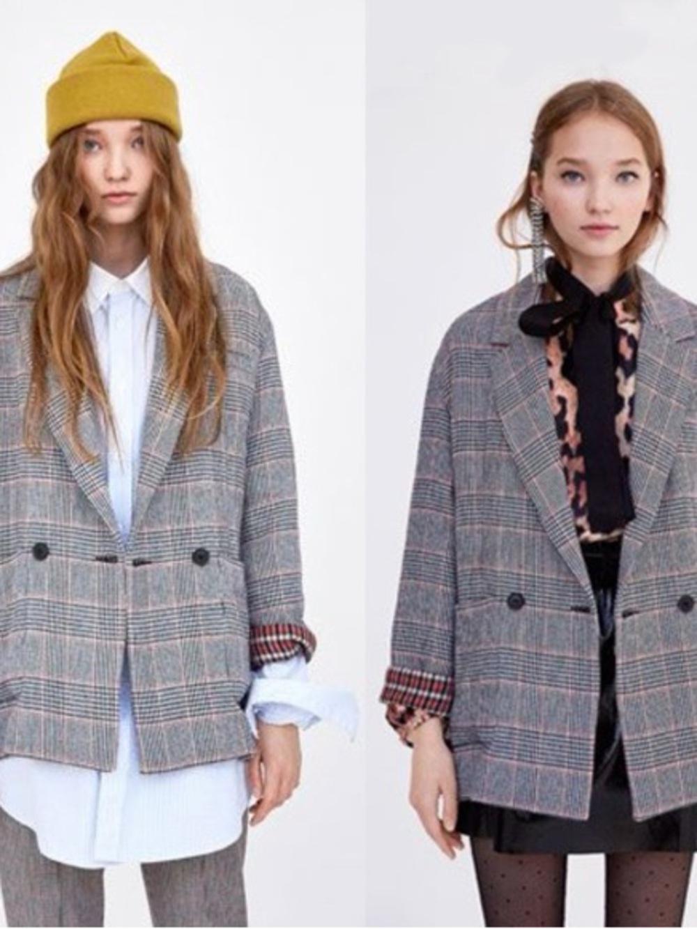 Zara TRF Outerwear Gray Plaid Double-Breasted Women's Blazer Jacket
